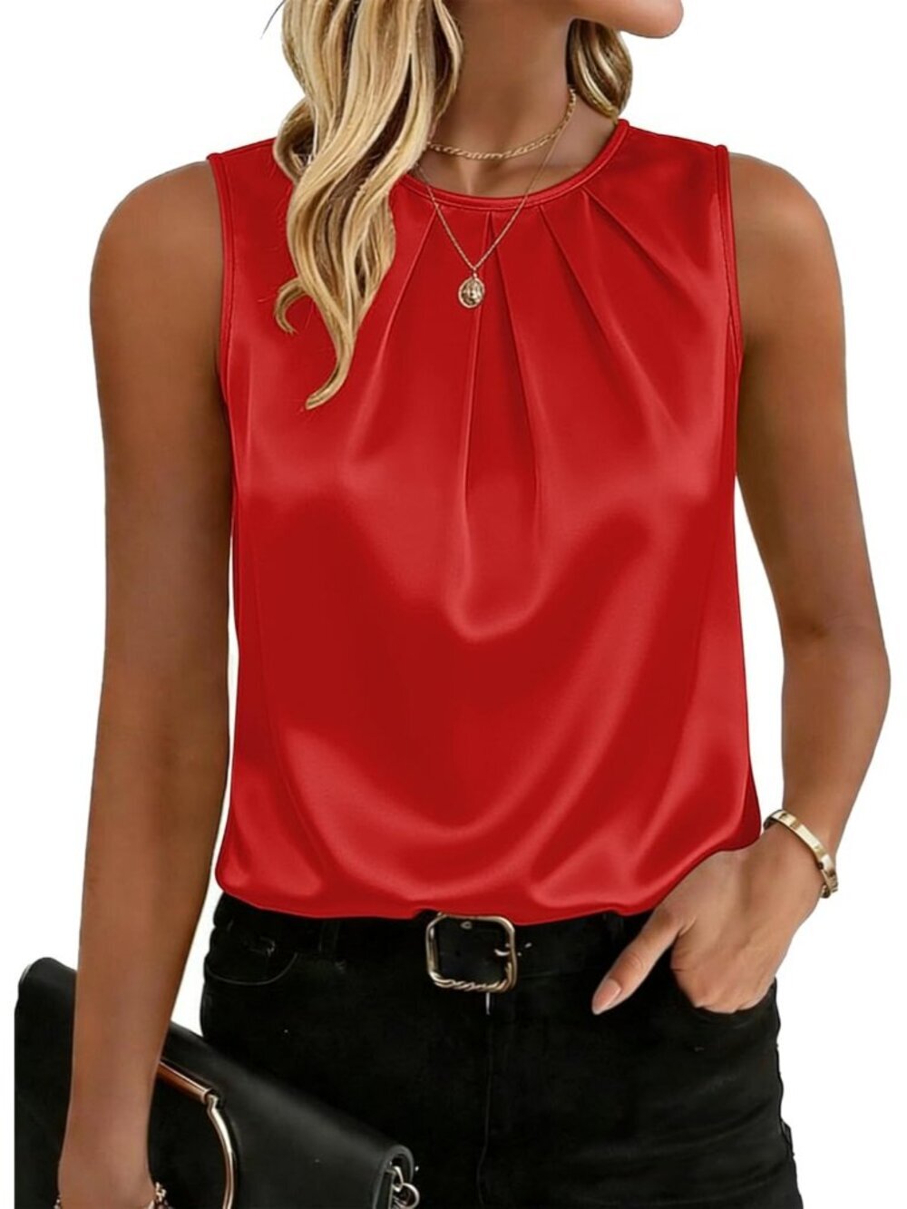 Women's Red Sleeveless Crew Neck Silk Satin Imported Blouse Tank Tops